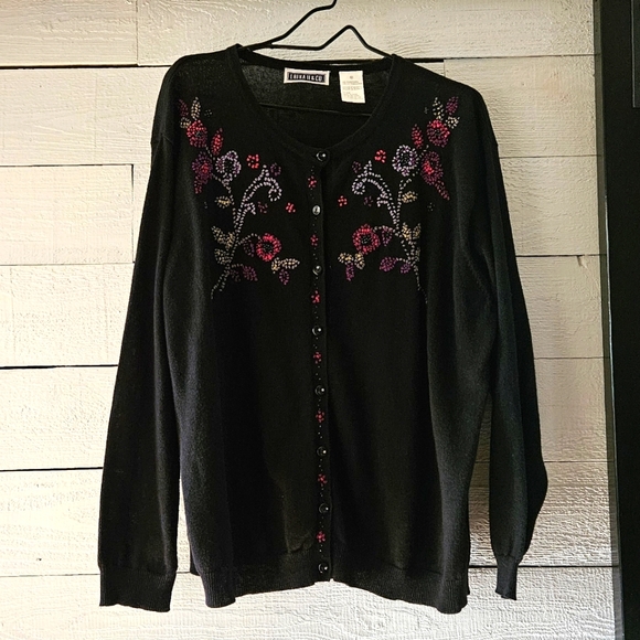 ERIKA II & Co. Black Embroidered  Cardigan. Each button has embedded rhinestone. - Picture 1 of 6